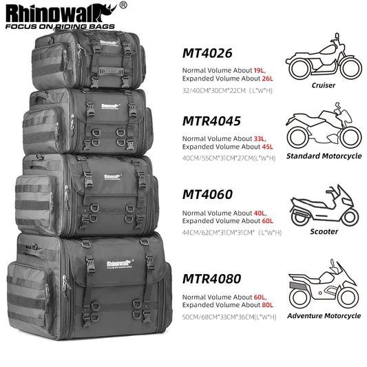 Motorcycle Rear Seat Travel Bag & Expandable Luggage | Heavy-Duty Waterproof Motor Tail Trunk Rack Bag | Premium High-Capacity 19L-80L Moto Storage | Models MT4026 / MT4045 / MT4060 / MT4080 Luxegan