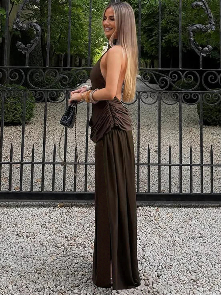 Nibber Backless Maxi Dress Women Halter Sleeveless High Side Slit Long Tassel Folds Solid High Elasticity Prom Party Vestidos