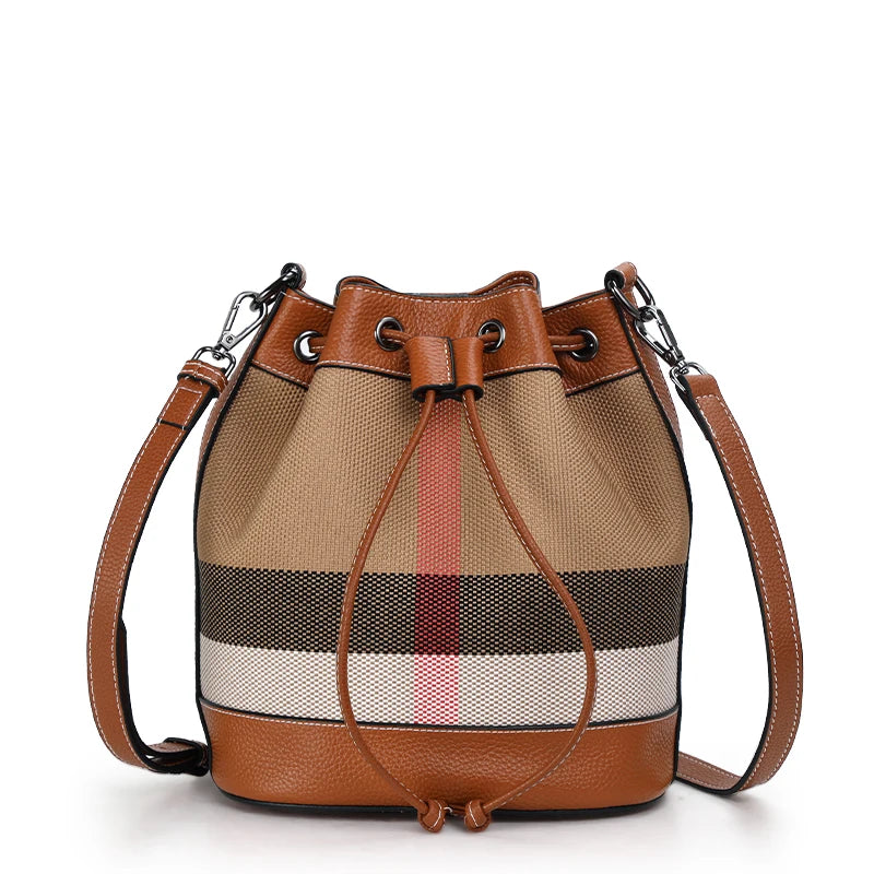 Checkered Plaid Canvas & Cowhide Bucket Bag | Women's Fashion Drawstring Crossbody | Caramel Leather Trimmed Shoulder Purse | Versatile Plaid Bucket Handbag Luxegan