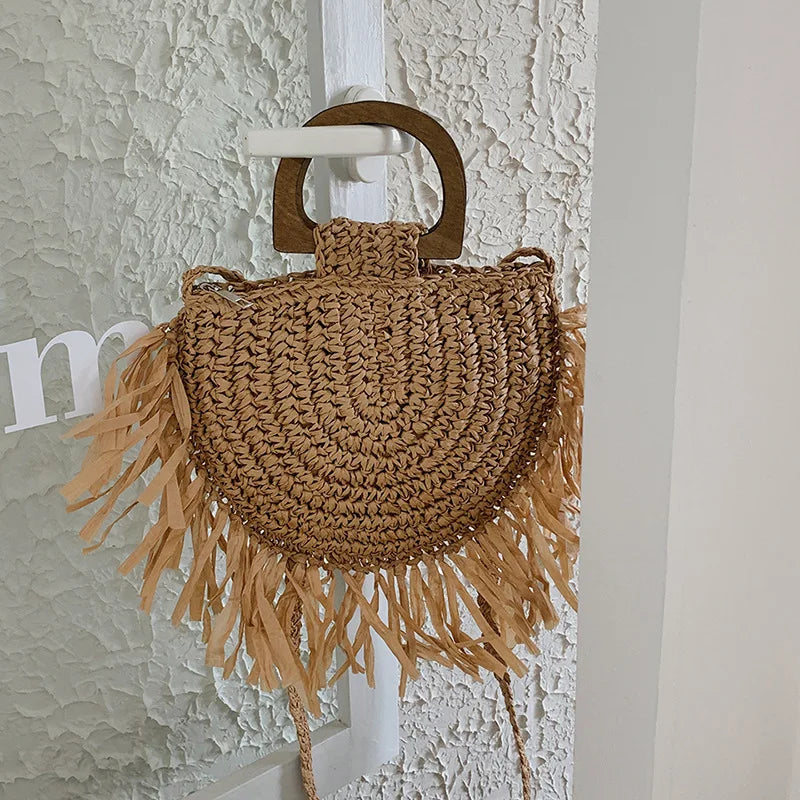 Handmade Semicircle Straw Bag | Sophisticated Woven Bohemian Crossbody | Elegant Holiday Beach Basket | Luxury "Dignified" Casual Shopping Tote with Tassel Decoration Luxegan