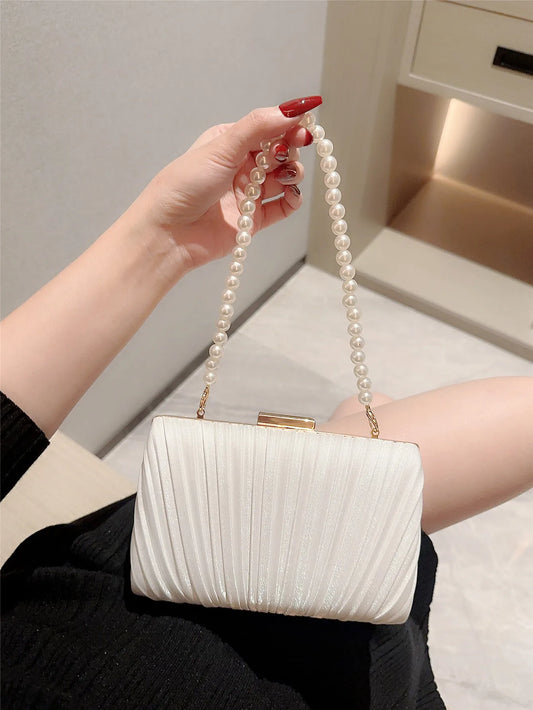Ladies' Casual Pleated Satin Box Dinner Bag | Faux Pearl Handbag & Wedding Clutch Luxegan