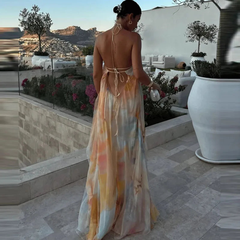 Printed Halter Neck Loose Maxi Dress – Backless, A-Line, Bohemian, All Season Luxegan