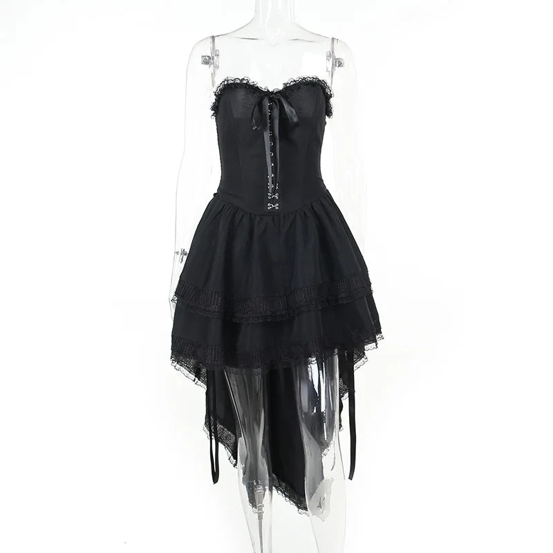 Gothic Spaghetti Strap Lace Pleated High-Low Asymmetric Swing Bodycon Mini Dress | Vintage Goth Elastic Waist Dress Luxegan