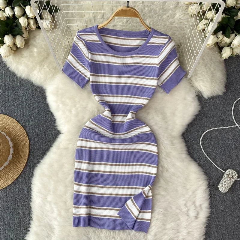 Striped O-Neck Short Sleeve Regular Fit Sheath Mini Dress – High Stretch Knitted Polyester, Empire Waist, Summer Luxegan