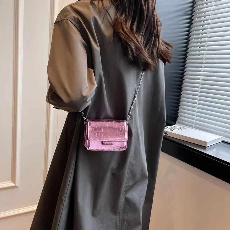 Vintage Chic Crocodile-Pattern Crossbody | Sophisticated Luxury Designer Small Shoulder Bag | Elegant Gold & Silver Mini Square Purse | "Dignified" Structured Satchel for Everyday Wear Luxegan