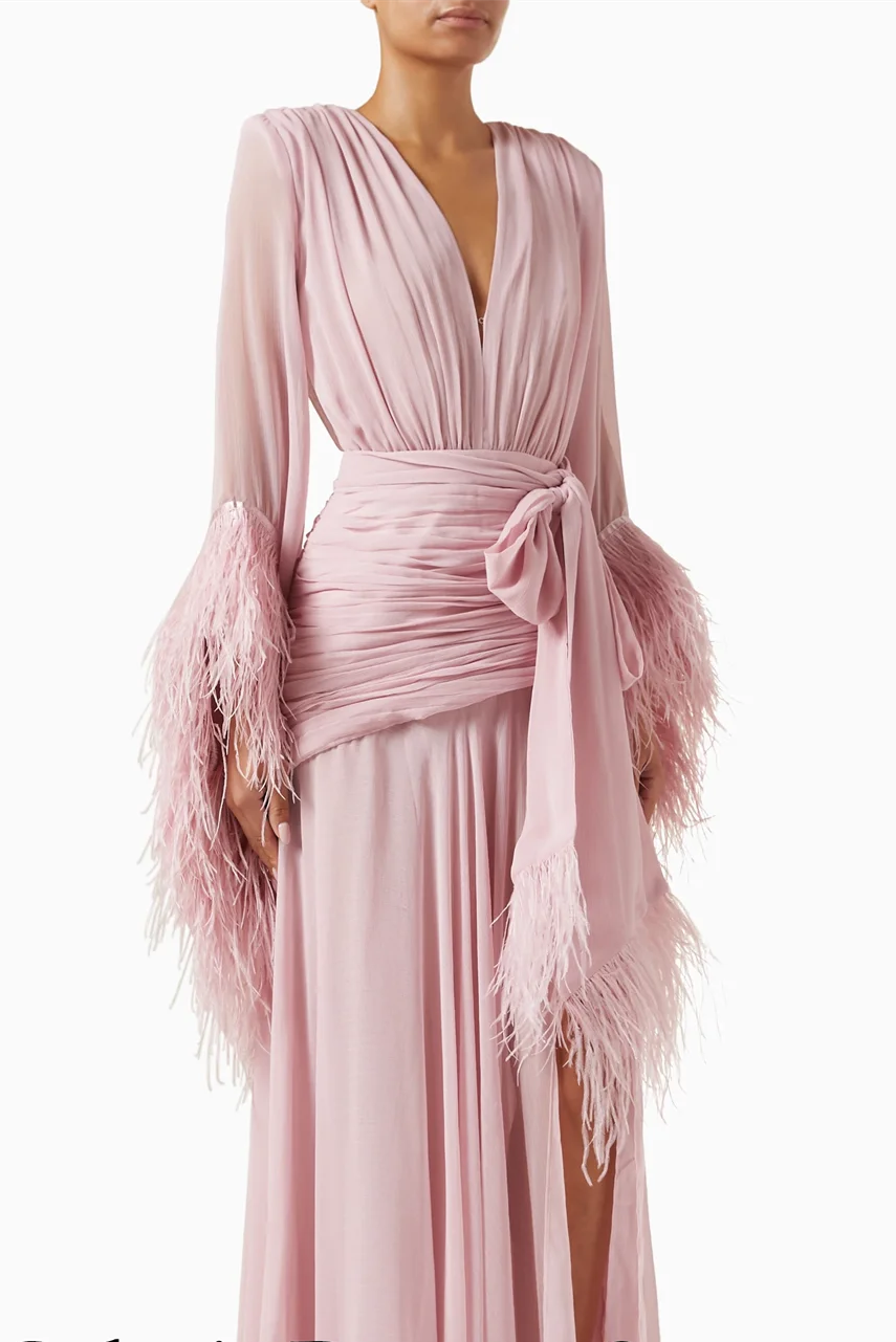 Exquisite Custom Deep V-Neck Pink Chiffon Prom Dress | Glamorous Flare Sleeves & Feather Evening Gown | Classic Ruched Floor-Length Formal Party Dress | Model cmxc1815 Vintage Inspired Masterpiece