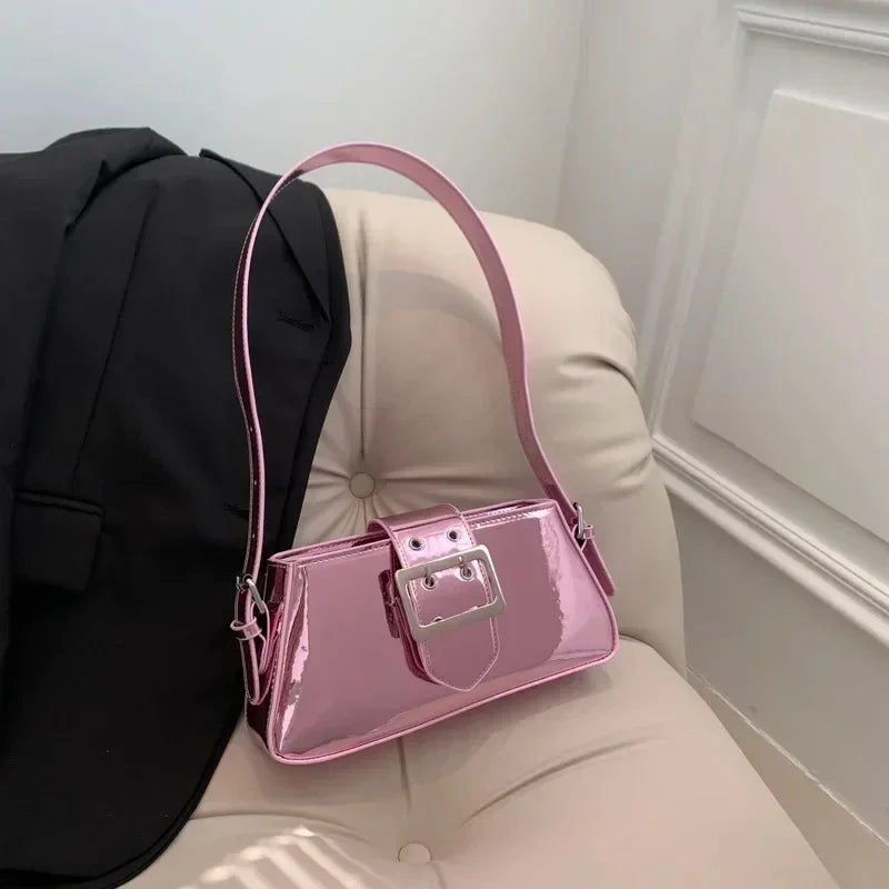 New Luxury Design Women's Glossy PU Leather Armpit Bag | Fashion Party Handbag (Patent Leather Silver Shoulder & Crossbody Bag) Luxegan