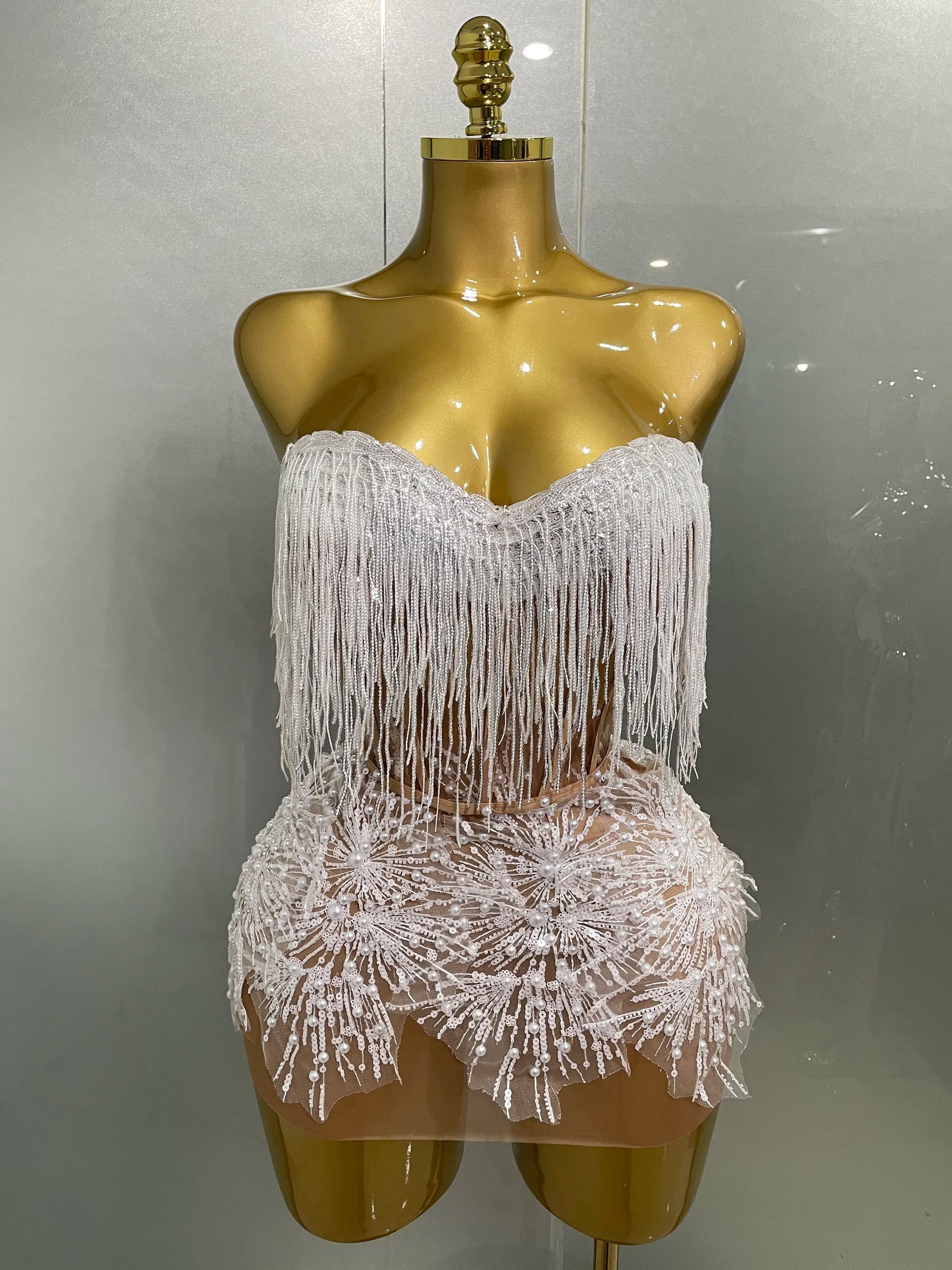 Sexy Pearl Sequins Tassel Glitter Mini Dress | Strapless Sleeveless Sheath Club Party Dress | Premium Slight-Stretch Slim Fit Stage Performance Outfit | Luxury Applique Nightclub Singer Vestido Luxegan