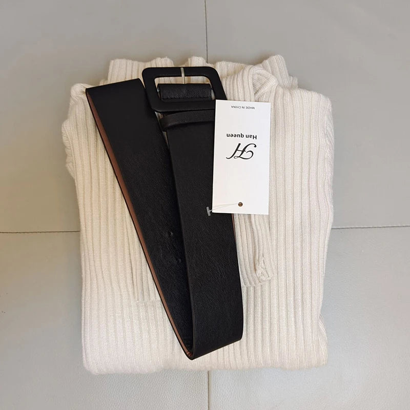 Turtleneck Knit Bodycon Midi Dress with Belt | Long Sleeve Pencil Sweater Dress Luxegan