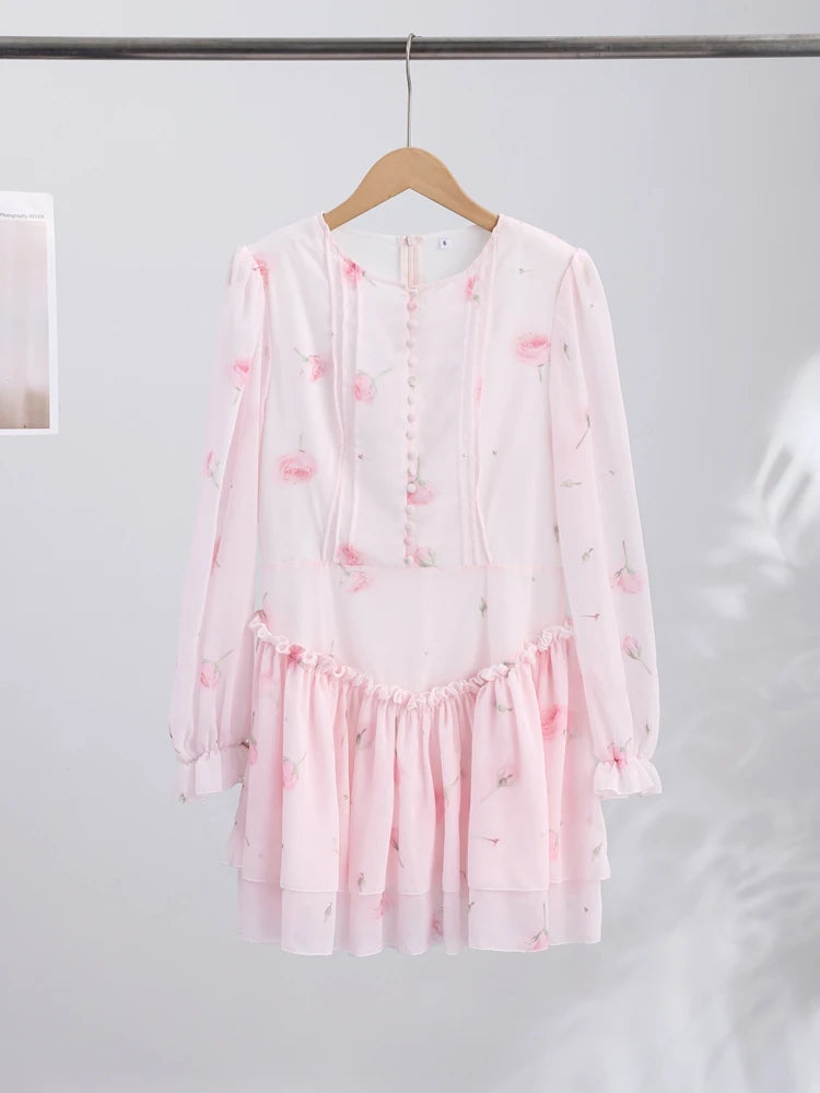 Print Long Puff Sleeve Ruffle Hem Mini Dress – 3 Style Options, Spring/Summer Luxegan