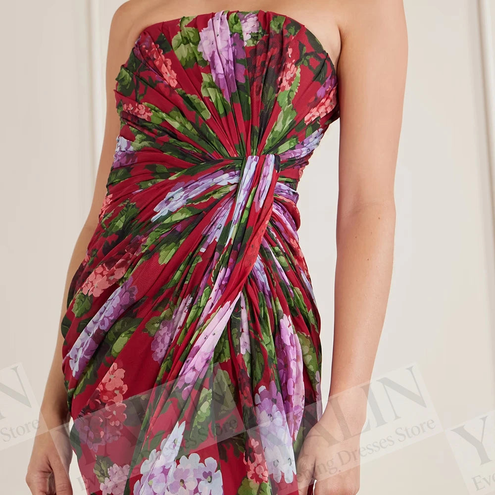 Floral Side-Split Straight Prom Dress | Strapless Sleeveless Ankle-Length Evening Gown Luxegan