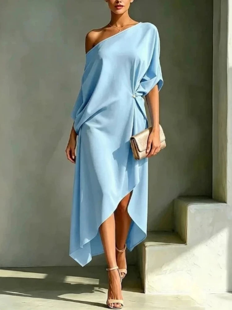 Asymmetric Collar Batwing Sleeve Maxi Dress Luxegan