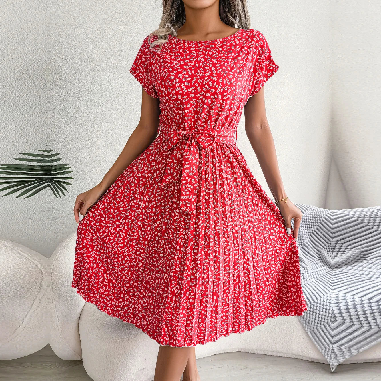 Floral Chiffon High-Waist A-Line Dress | Pleated O-Neck Short Sleeve Casual Dress | Elegant Empire Waist Summer Midi Dress Luxegan
