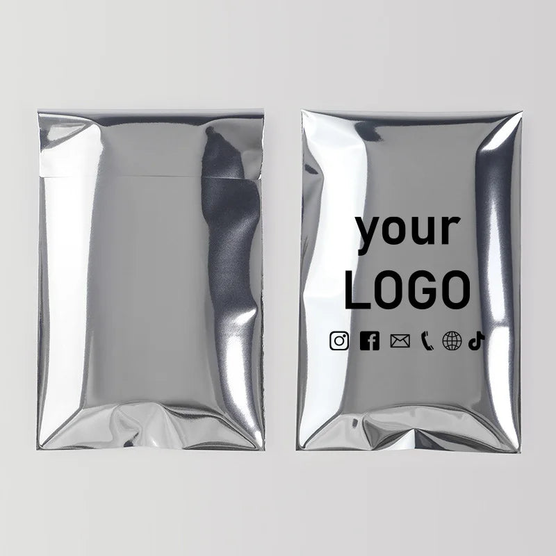 Premium Silver Self-Adhesive Gift Bags (100-Piece Set) | Luxury Customizable Logo Jewelry Packaging | Metallic Self-Sealing Holiday Party Favor Pouches Model 22 Luxegan