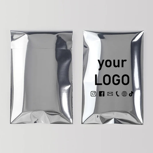 Premium Silver Self-Adhesive Gift Bags (100-Piece Set) | Luxury Customizable Logo Jewelry Packaging | Metallic Self-Sealing Holiday Party Favor Pouches Model 22 Luxegan