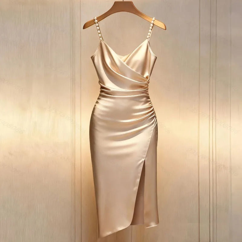 Beaded Spaghetti Strap Midi Dress – V-Neck, Slim Sheath, Natural Waist, Summer Luxegan