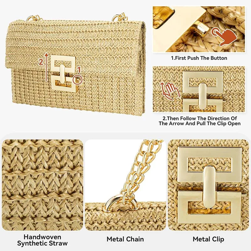 Straw Envelope Evening Party Handbag | Women's Woven Clutch & Chain Crossbody Purse Luxegan