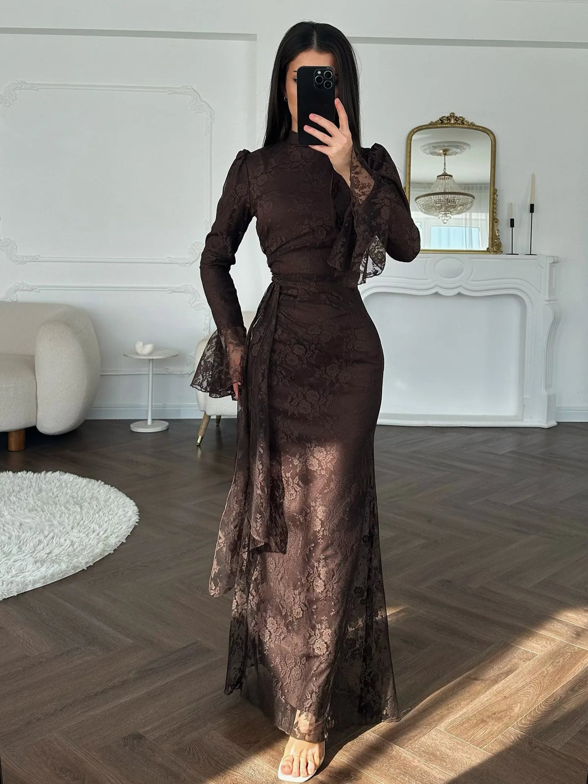 Solid O-Neck Full-Length Sleeve Lace Detail Slim Fit Sheath Ankle-Length Dress – Empire Waist, Spring/Summer Luxegan