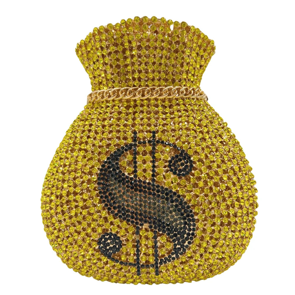 Lucky Coin Drawstring Evening Clutch | Sophisticated Diamond & Sequined Money Bag | Elegant Hollow-Out Gala Purse | "Dignified" Structured Metallic Handbag for High-Fashion Parties Luxegan