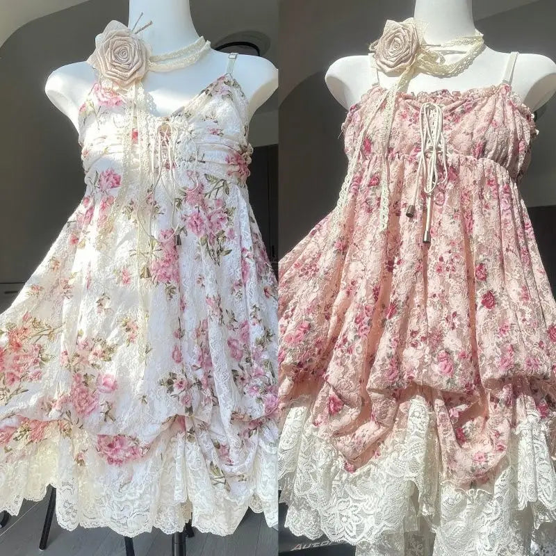 Women's Y2k Lolita Cute Mini Dress | Spicy Girls Floral Style Lace-Up Summer Dress | Elegant Square Collar Ruffle Slim Fit Vestido | Premium Tatting Regular Fit A-Line Dress Model QZ6007 Luxegan