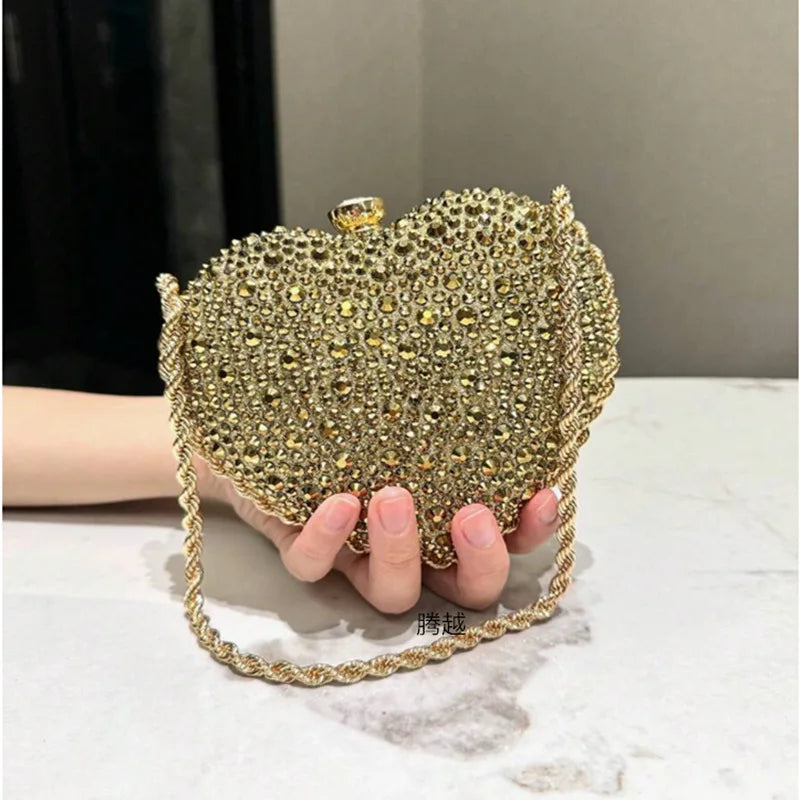 Luxury Diamond Inlay Heart-Shaped Clutch | Sparkling Crystal Wedding & Party Purse | High-End Rhinestone Evening Shoulder Bag | Designer Beaded Messenger Bag for Women Luxegan