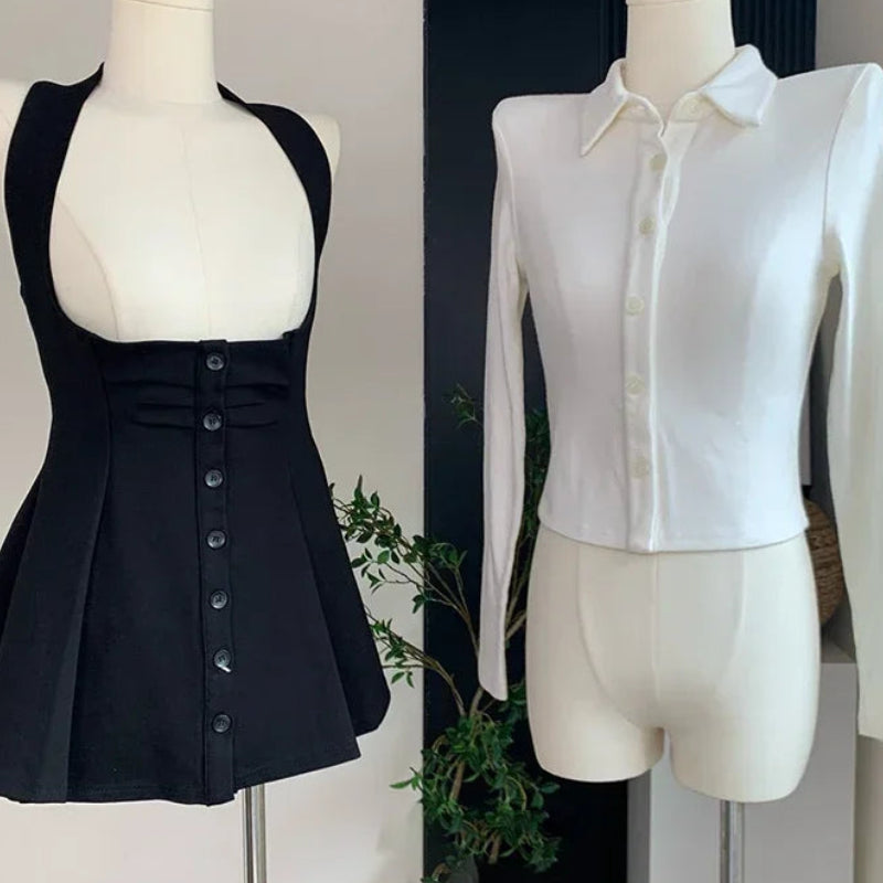 Women's Two-Piece Sexy Chic Halter Dress Set | Fashionable Polo Neck Button-Up Shirt & Slim Mini Dress | Casual Solid Color Autumn/Winter A-Line Outfit Luxegan