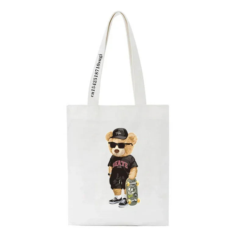 Fashion Bear Print Eco Women Shoulder Bags | Female Handbag Canvas Shopping Bag | Casual Large Ladies Travel Totes Bags Luxegan