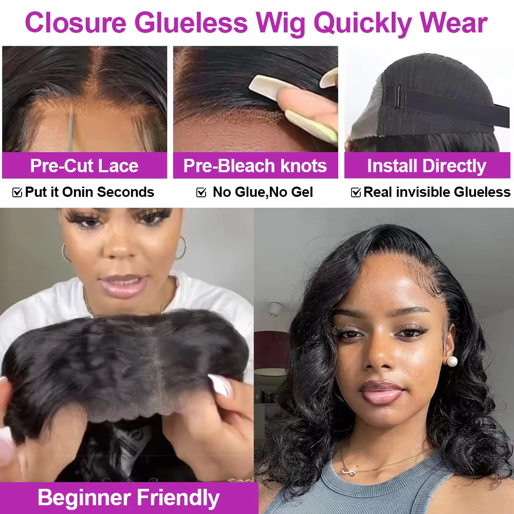 Ready-to-Wear Glueless Body Wave HD Frontal Wig | 250% Density Pre-Plucked Human Hair Wig | Short 13x6 Transparent Swiss Lace Frontal Wear-and-Go Brazilian Remy Hair Wig Luxegan