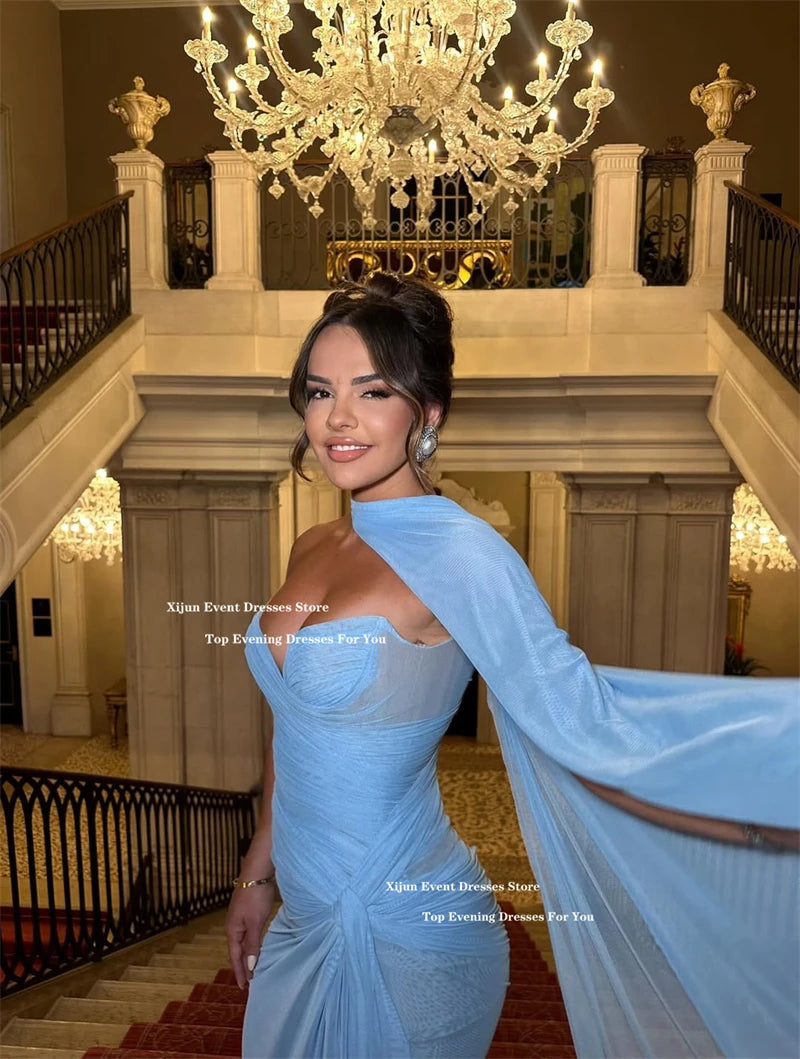 Exquisite Blue Mermaid Prom Dress | One-Shoulder Sweetheart Scarf Evening Gown | Pleated Tiered Dubai Floor-Length Custom Gala Dress Luxegan