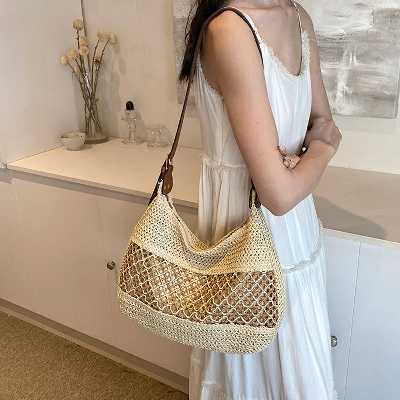 Large Capacity Summer Straw Weaving Shoulder Bag | Women's Handmade Crochet Beach Handbag & Woven Hollow Out Underarm Knitting Bag Luxegan
