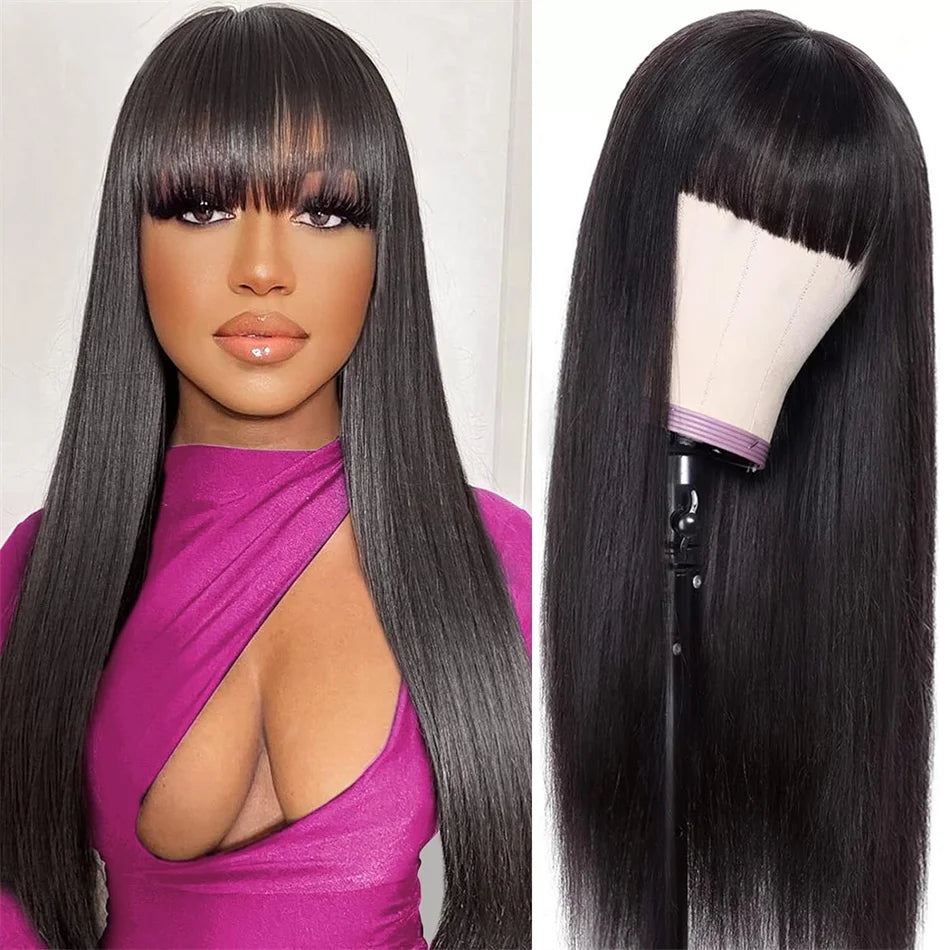 Silky Straight Human Hair Wig with Bangs - Full Machine-Made Glueless Medium-Length Wig - 100% Brazilian Remy Human Hair Natural Black Fringe Wig for Women (18-24 Inch Clearance Sale) Luxegan