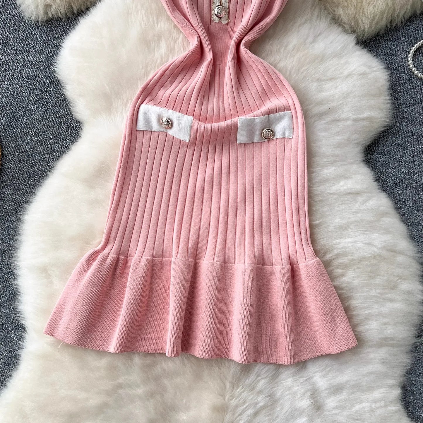 Women's Elegant Ribbed Knitted Mermaid Dress | Slim Fit V-Neck Button Sweater Dress | Office Lady Medium Stretch Bodycon Gown | Premium Short-Sleeve Mini Trumpet Vestido Model OU2403 Luxegan
