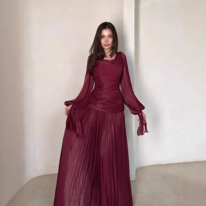 Solid Round Neck Long Sleeve Draped Loose Fit Floor-Length Dress – High Waist, Spring/Summer Luxegan