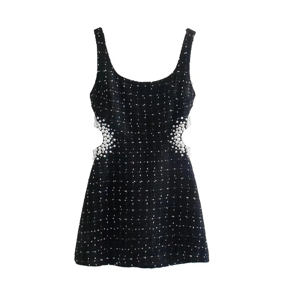 Hollow-Out Square Neck Spaghetti Strap Mini Dress – Zipper Back, A-Line, Summer Luxegan