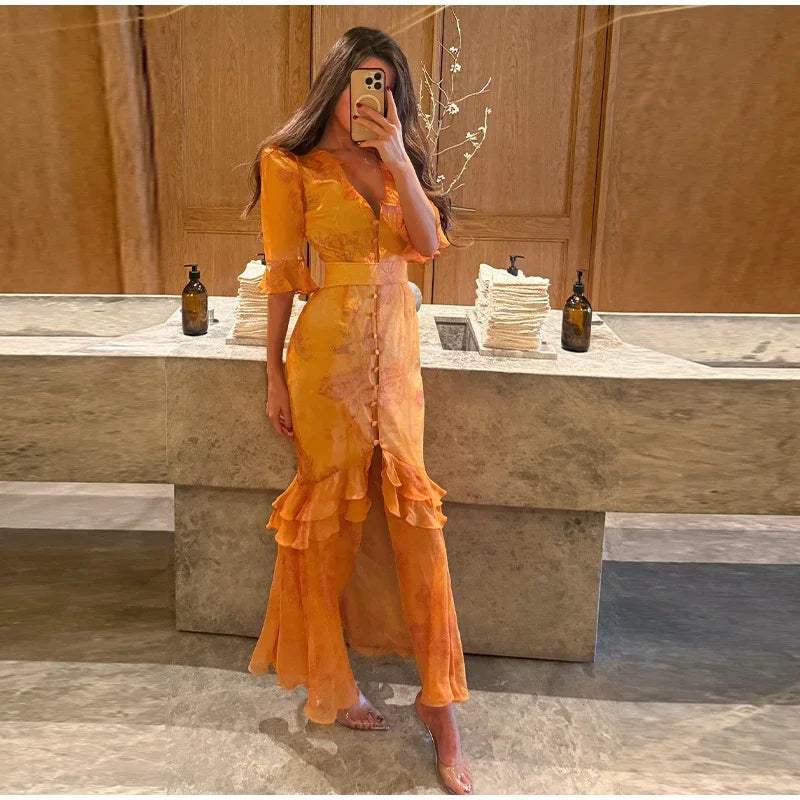 Flutter Sleeves Slim Long Dress Women Casual Pleated Deep V-neck Floral Print High Waist Dresses 2026 Lady Summer Holiday Wear