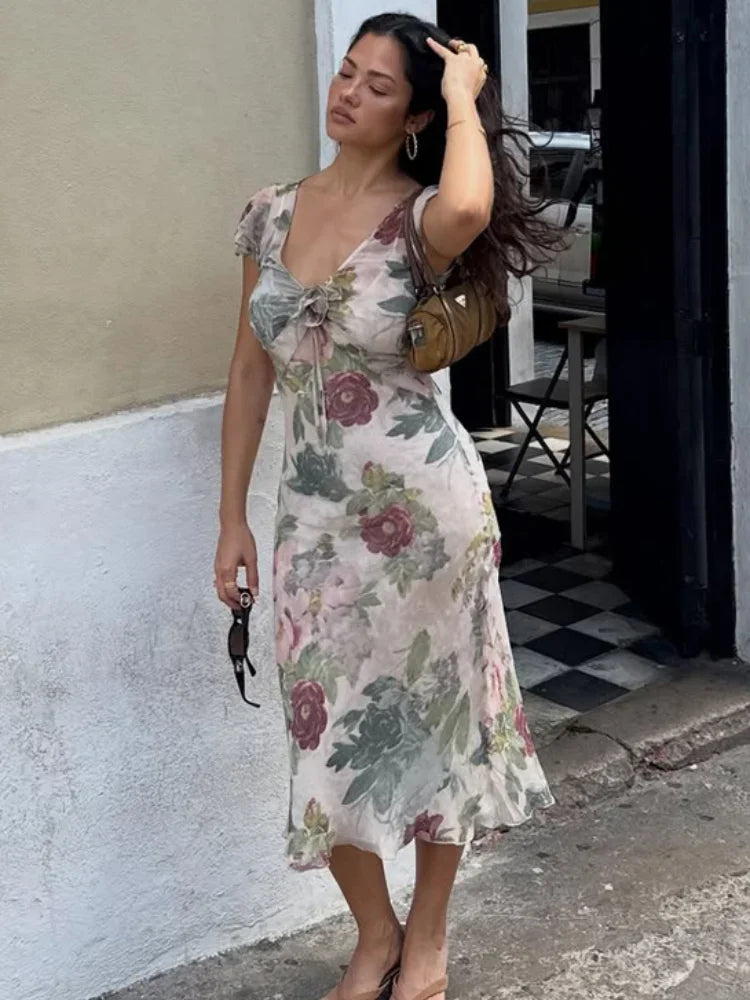 Flutter Sleeves Slim Long Dress Women Casual Pleated Deep V-neck Floral Print High Waist Dresses 2026 Lady Summer Holiday Wear