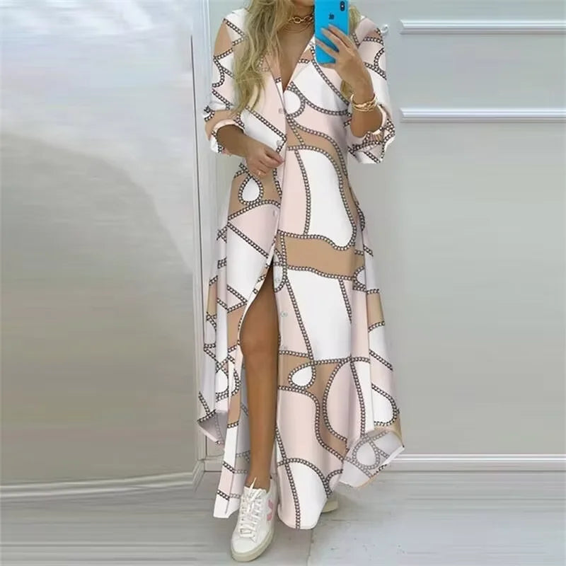 Women's Elegant Bohemian Printed Maxi Shirt Dress | Casual Turn-Down Collar Long Sleeve Gown | Single-Breasted Split Shirt Dress | Loose Fit Ankle-Length Fall Winter Vestido Luxegan