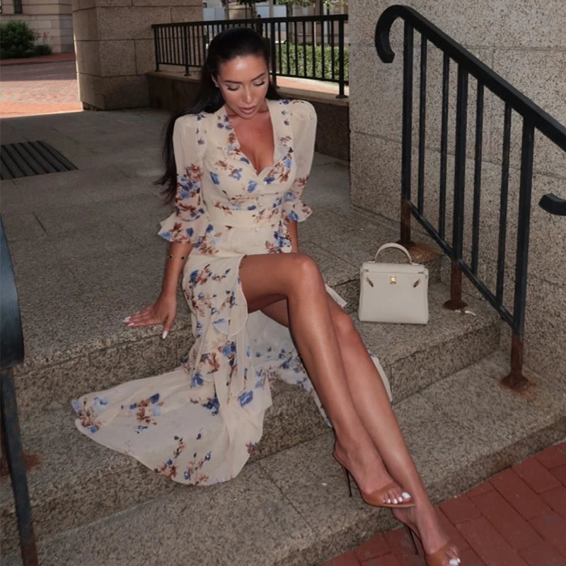 Organza Floral Printed Maxi Dress V-Neck  Puff Sleeve 2026 Spring/Summer Romantic Women Party Gown Fashion Elegant Lady Vestidos