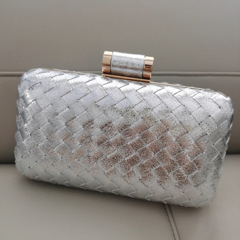 Woven Contrast Color Evening Clutch | Sophisticated Microfiber Thread Braid Handbag | Elegant Classic Chain Small Square Bag | "Dignified" Hard-Shell Woven Purse for Formal Party Styling Luxegan