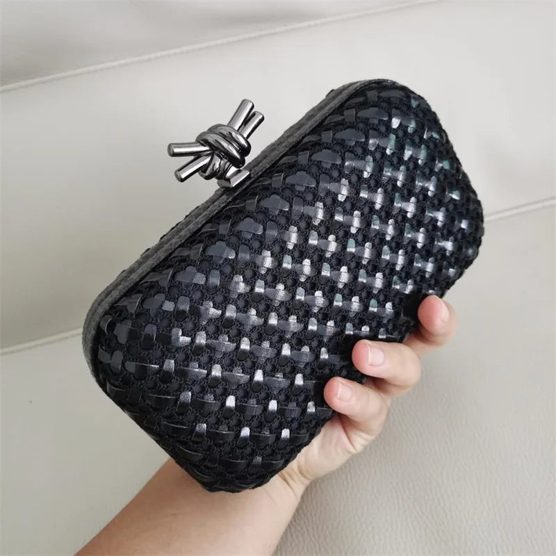 Woven Contrast Color Evening Clutch | Sophisticated Microfiber Thread Braid Handbag | Elegant Classic Chain Small Square Bag | "Dignified" Hard-Shell Woven Purse for Formal Party Styling Luxegan