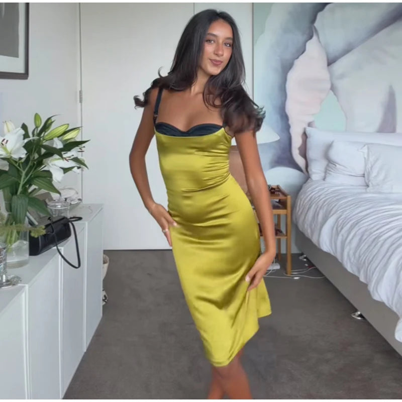 Sexy Satin Sleeveless Slip Midi Dress for Women Elegant Bodycon Evening Cocktail Dresses 2026 New Female Party Clubwear Outfit