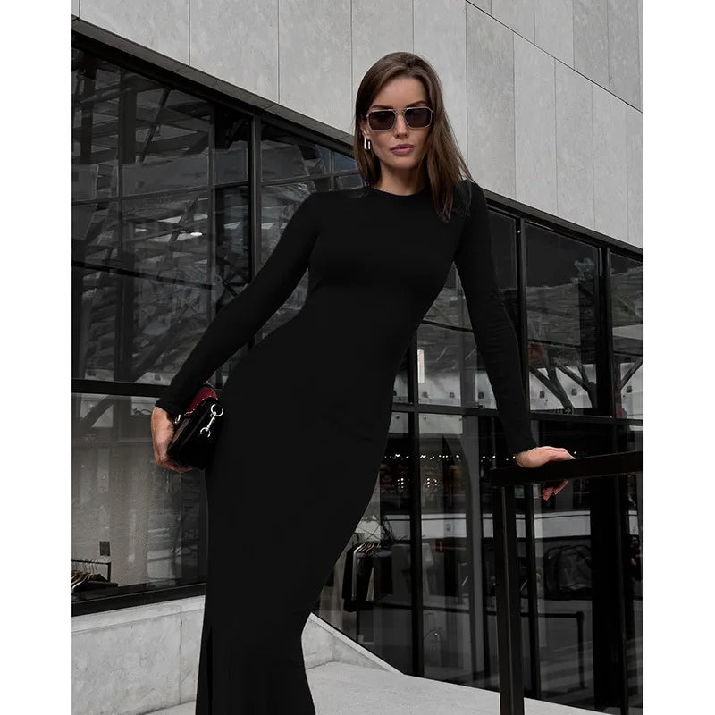 O-Neck Full Sleeve Split Bodycon Sheath Maxi Dress | Solid Knit Sexy Club Elegant Party Dress Luxegan