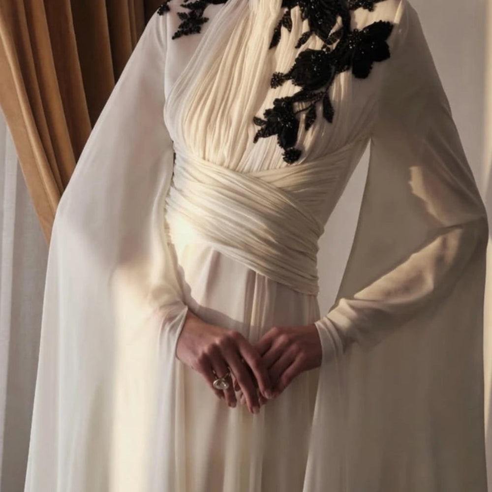Floral Draped A-Line Prom Dress | High-Neck Full Sleeve Floor-Length Evening Gown Luxegan