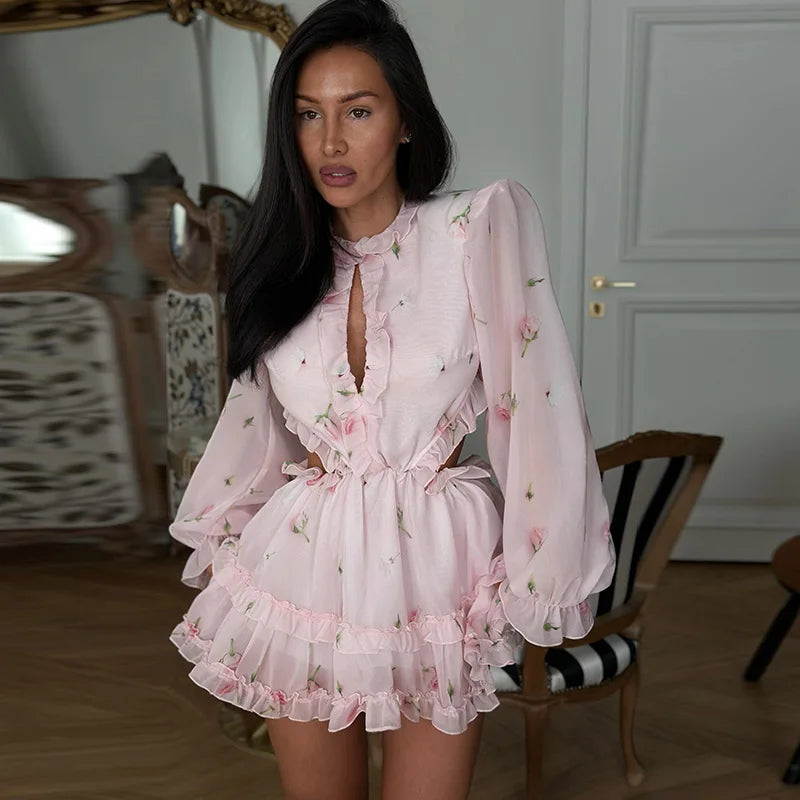 Print Long Puff Sleeve Ruffle Hem Mini Dress – 3 Style Options, Spring/Summer Luxegan