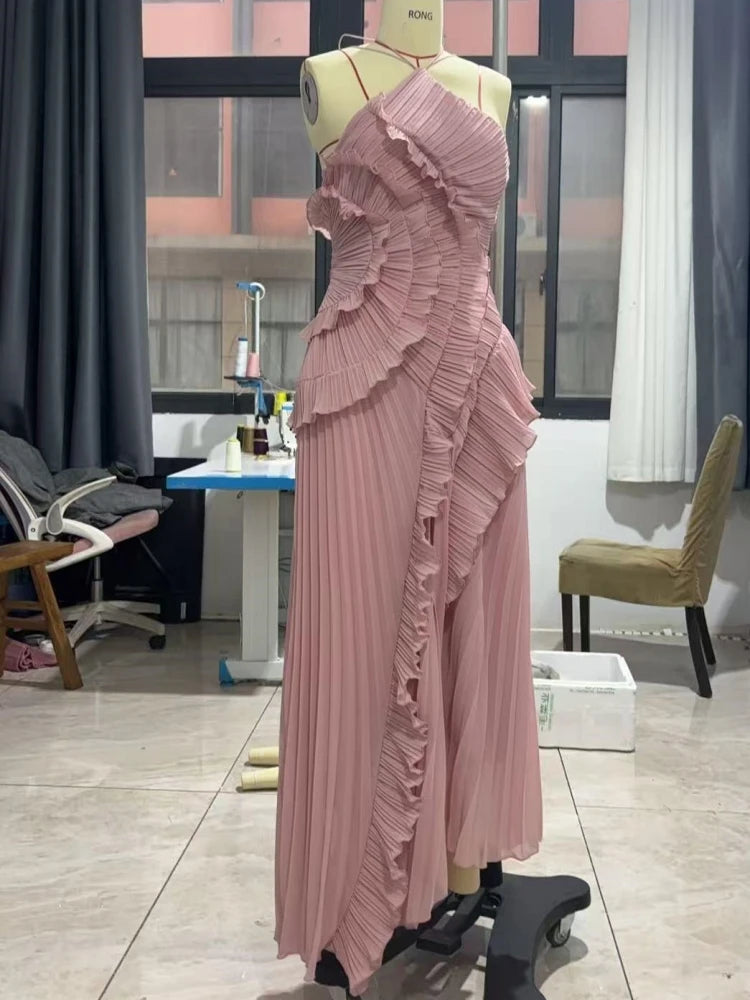 Sexy Halter Neck Pleated Ruffle Long Dress | Pink Backless Evening Gown Luxegan