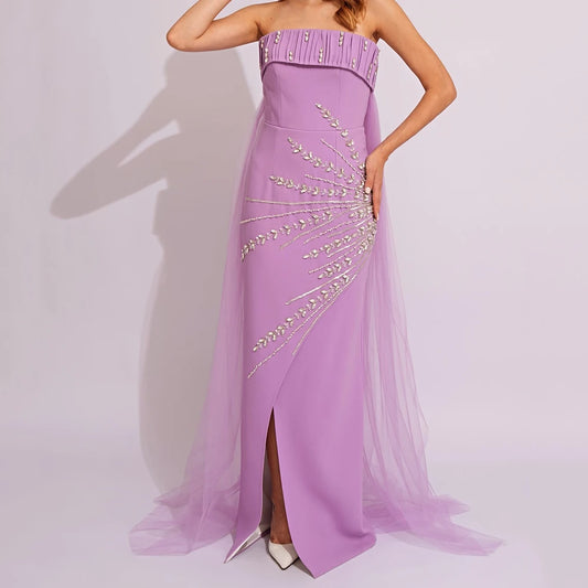 Crystal Draped Backless Mermaid Evening Gown | Strapless Sleeveless Floor-Length Prom Dress Luxegan