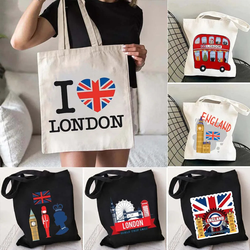 London Big Ben England Map Flag Canvas Tote Bag | UK City Landscape Skyline Shoulder Shopping Handbag (Women's Tourist Gift) Luxegan
