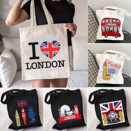 London Big Ben England Map Flag Canvas Tote Bag | UK City Landscape Skyline Shoulder Shopping Handbag (Women's Tourist Gift) Luxegan