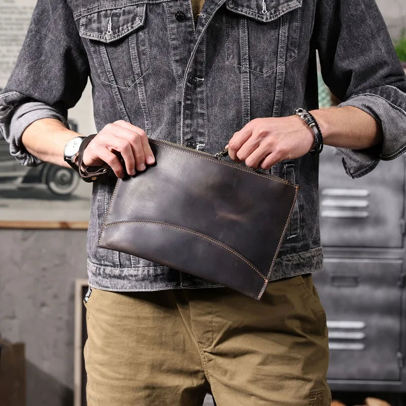 Simple Retro Crazy Horse Cowhide Clutch for Men | Handmade Genuine Leather Large Capacity Mobile Phone Wallet Luxegan