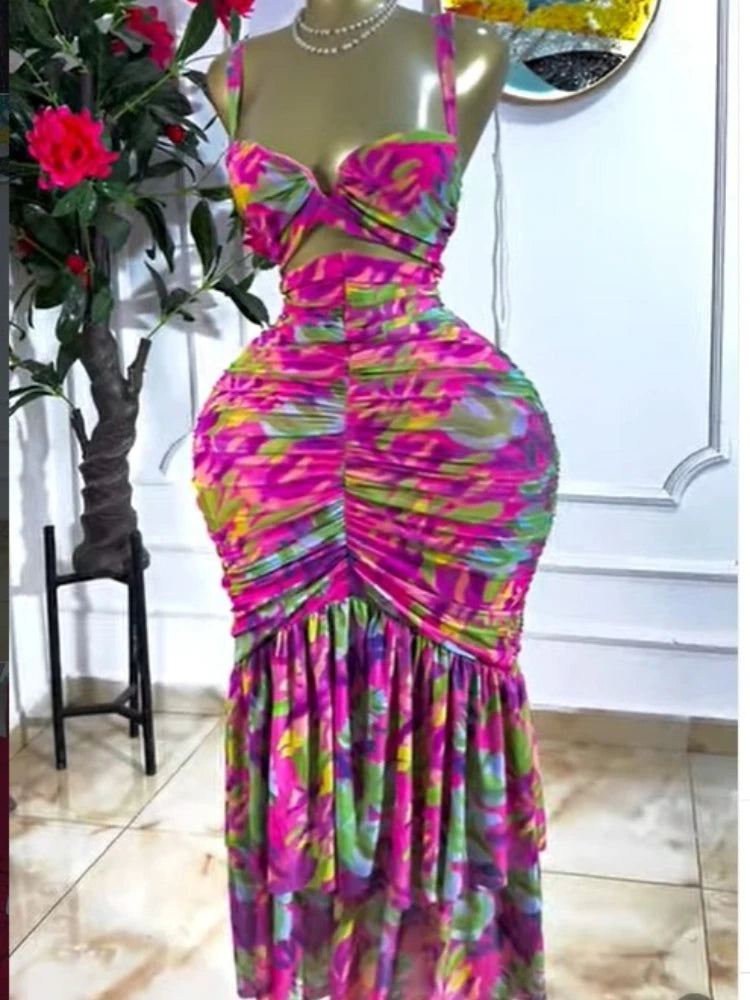 Women's Floral Print Cutout Ruched Ruffle Midi Dress Luxegan